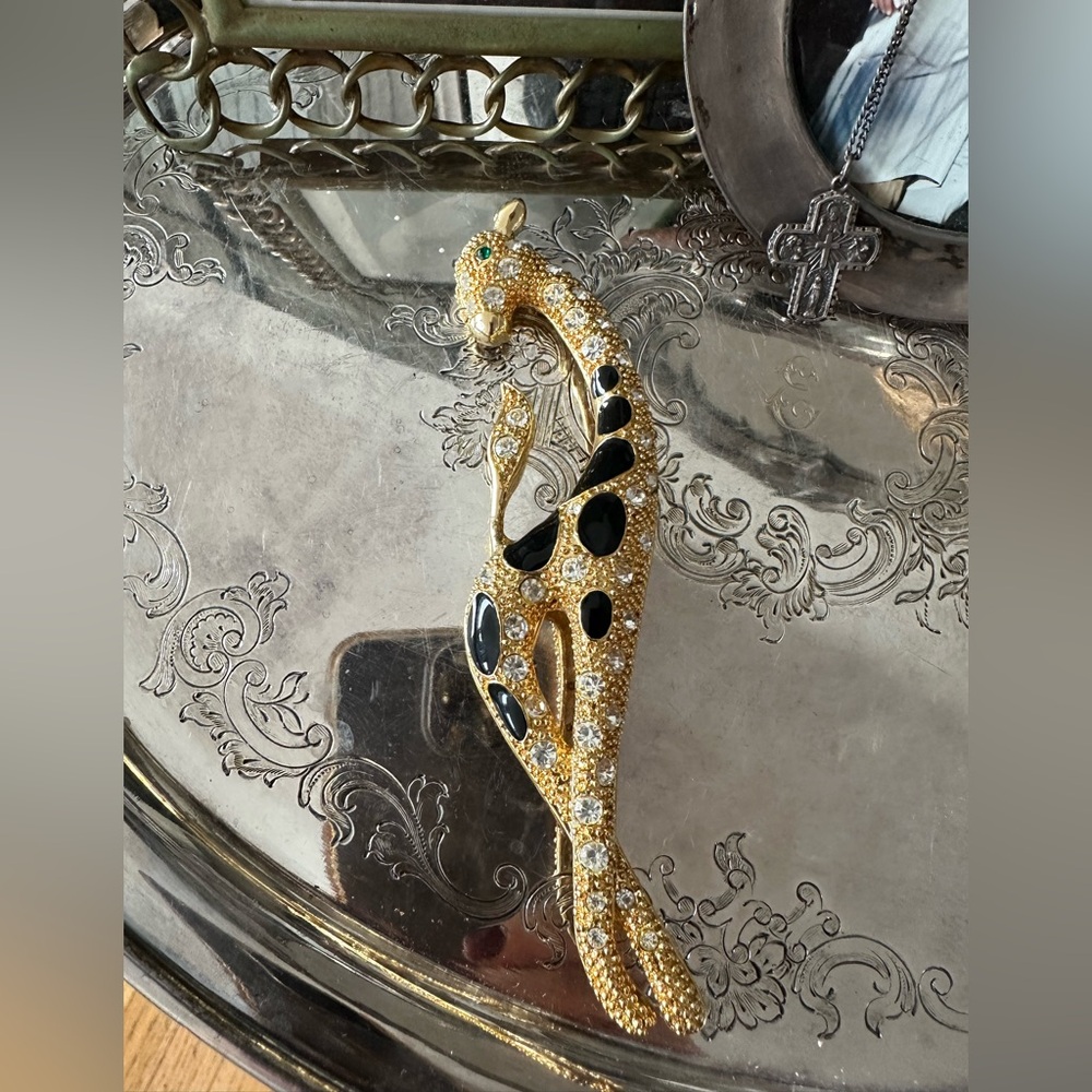 Large Gold Crystal Giraffe Brooch with Black Enamel Spots